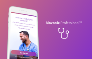 Biovonix Professional logo on a colored background with phone screen showing home page.