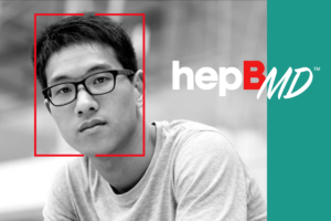 Black and white photo of a man with a serious expression outlined with a red box and the logo "HepBMD"