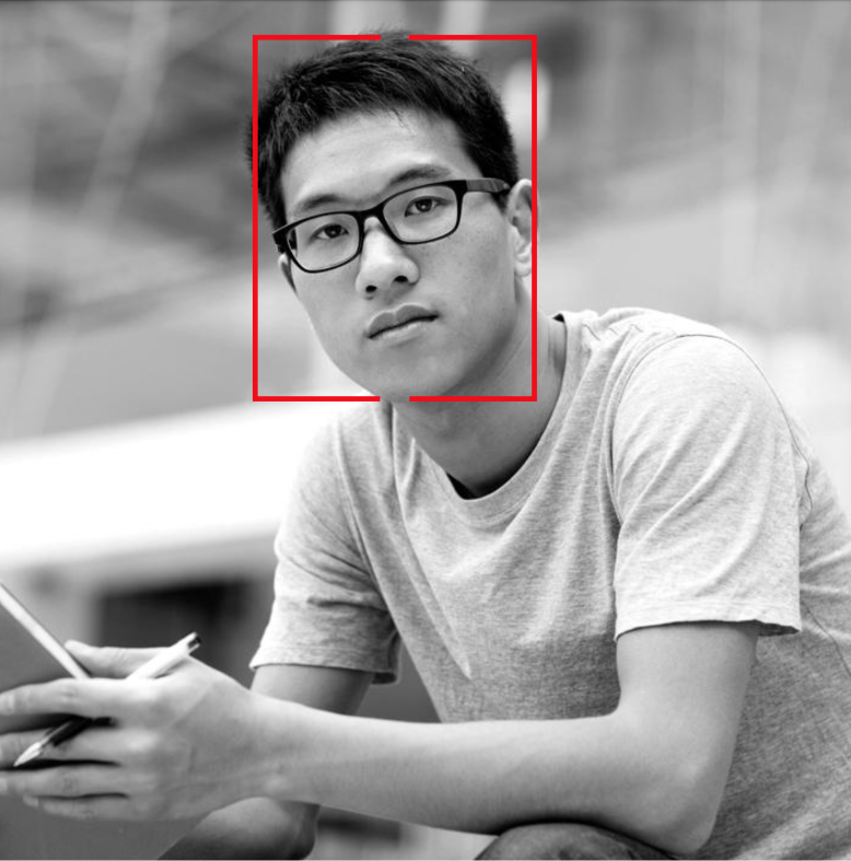 Black and white photo of a man with a serious expression outlined with a red box