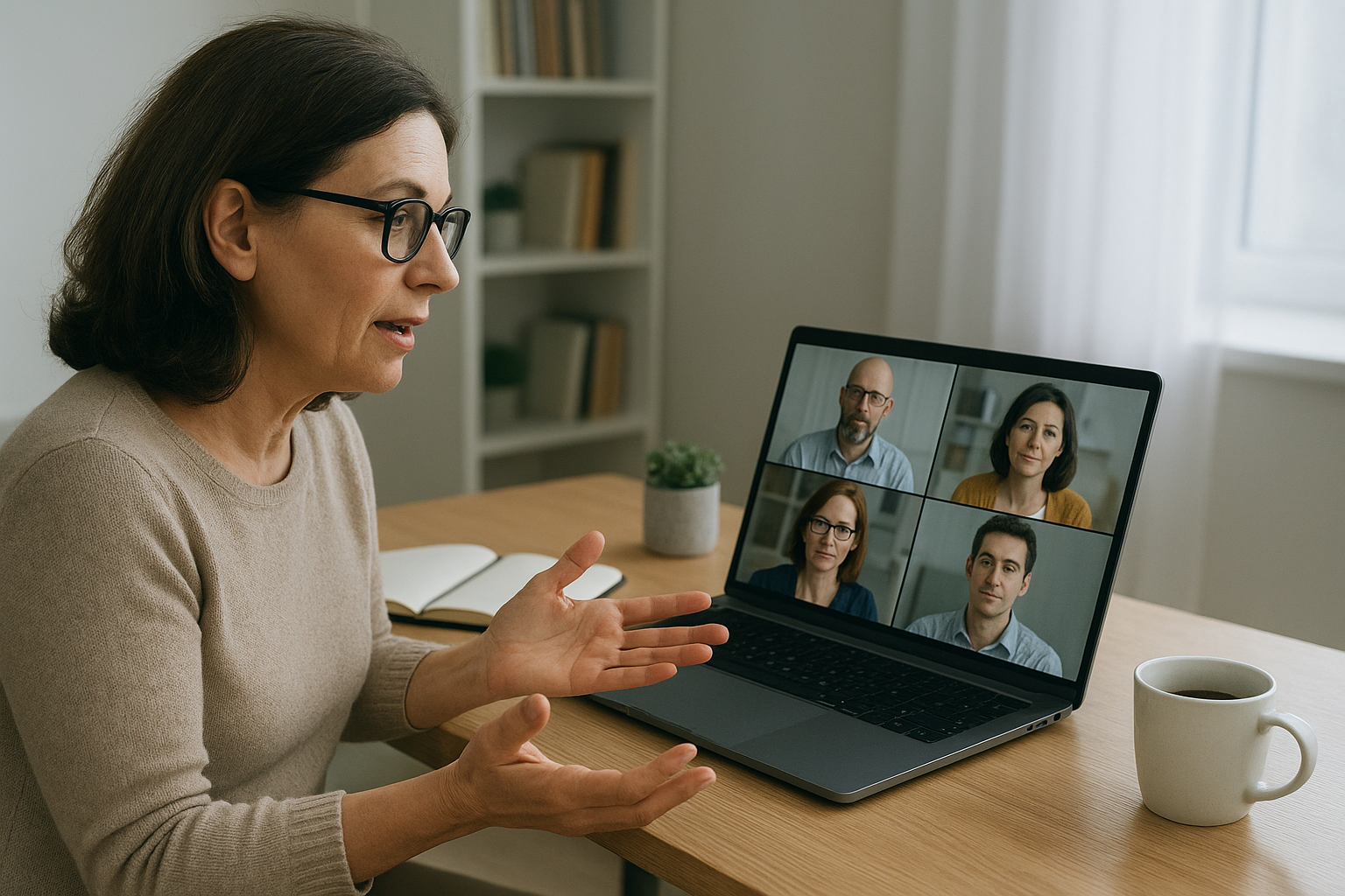 Professional woman talking on zoom with four others smiling.