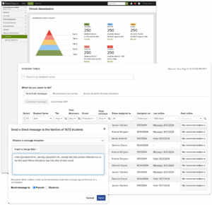 Screenshots of a UI showing data metrics, a pyramid graph of attendance tiers, and a modal showing a message send UI