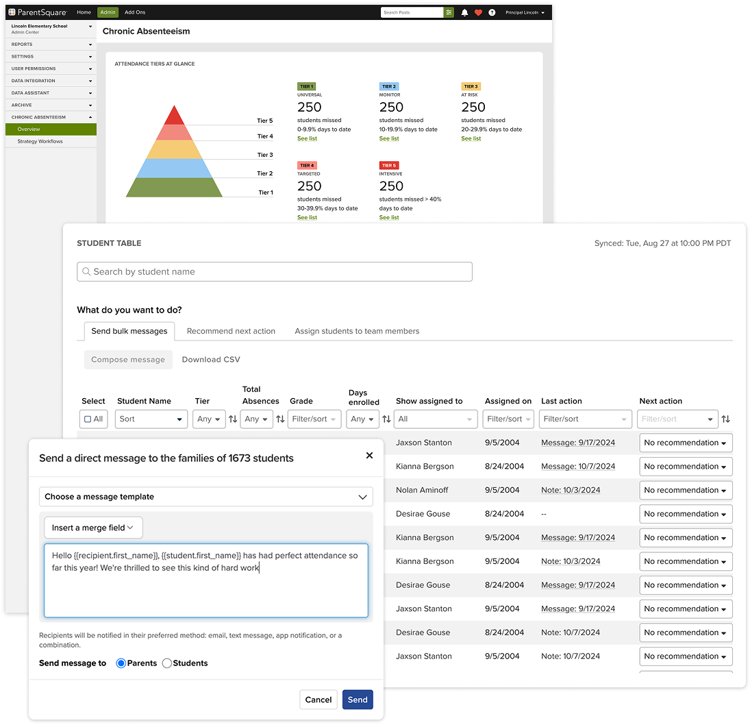 Screenshots of a UI showing data metrics, a pyramid graph of attendance tiers, and a modal showing a message send UI