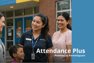 Image of three smiling people and a child standing in front of a school building