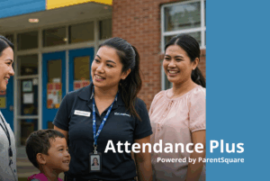 Image of three smiling people and a child standing in front of a school building