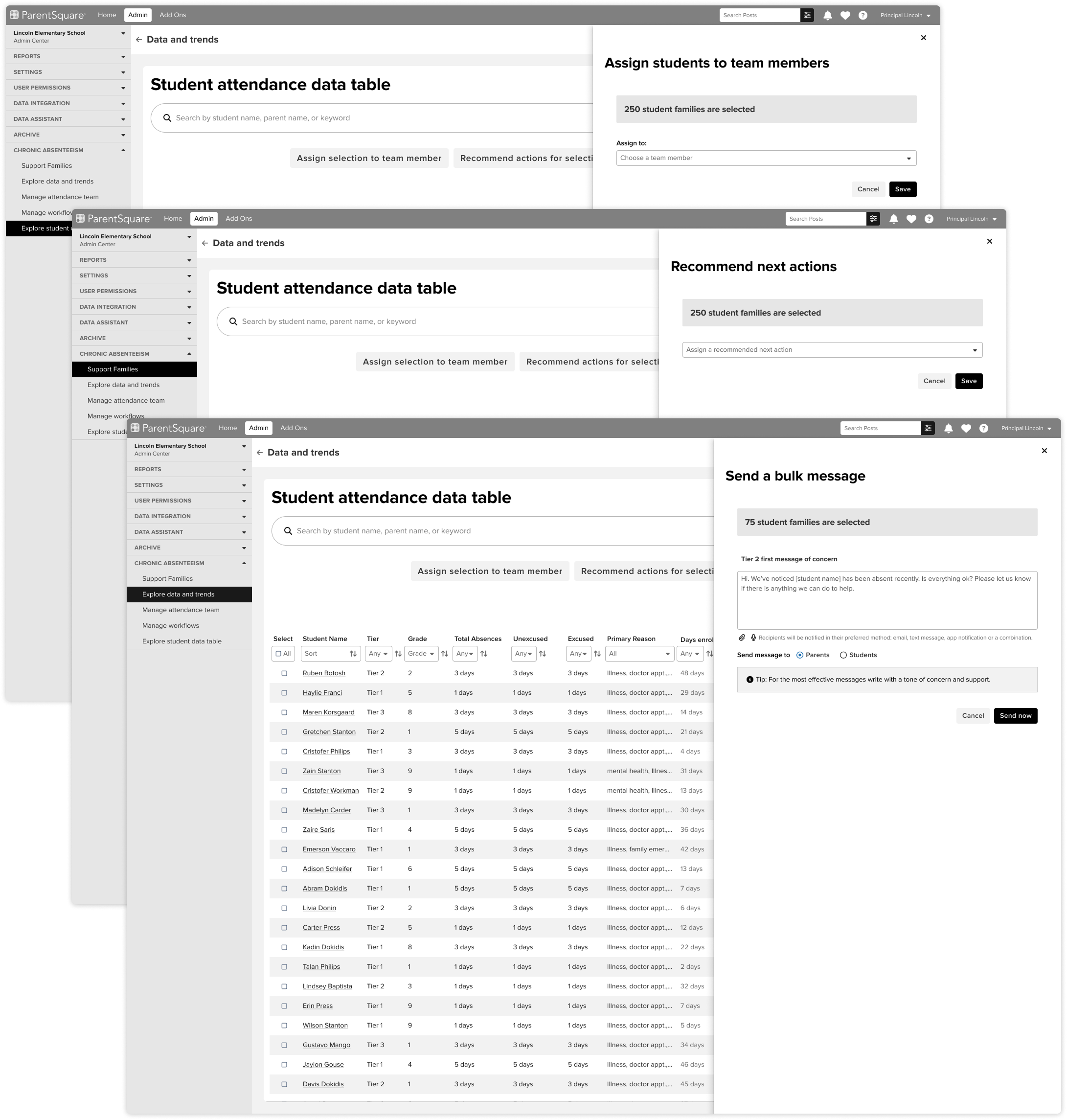 Three wireframe screens showing a data table and UI to take three actions: Assign students to team members, recommend next actions, and send a bulk message