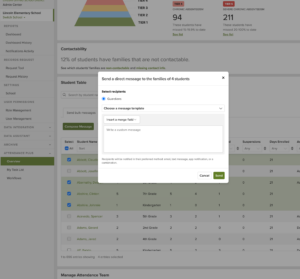 Screenshot of the message composer showing merge field UI