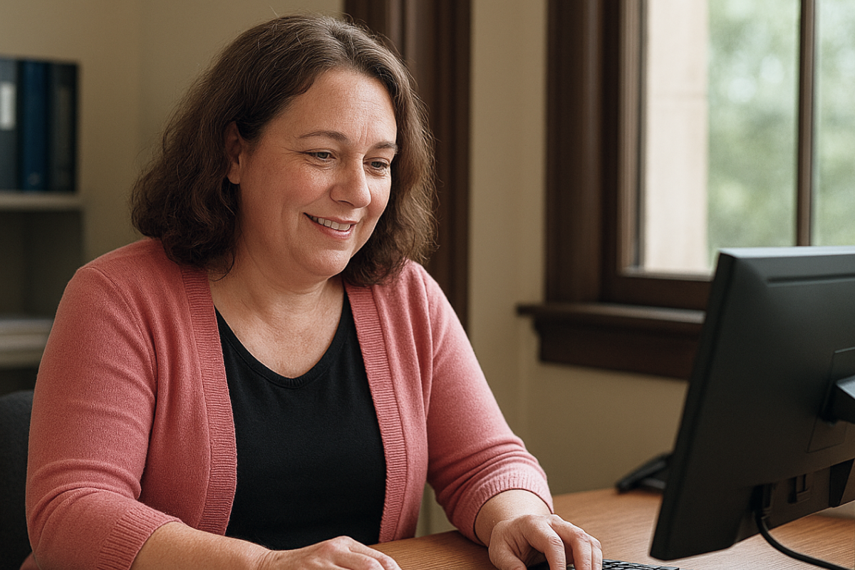 Smiling woman looking at a computer screen in an office.